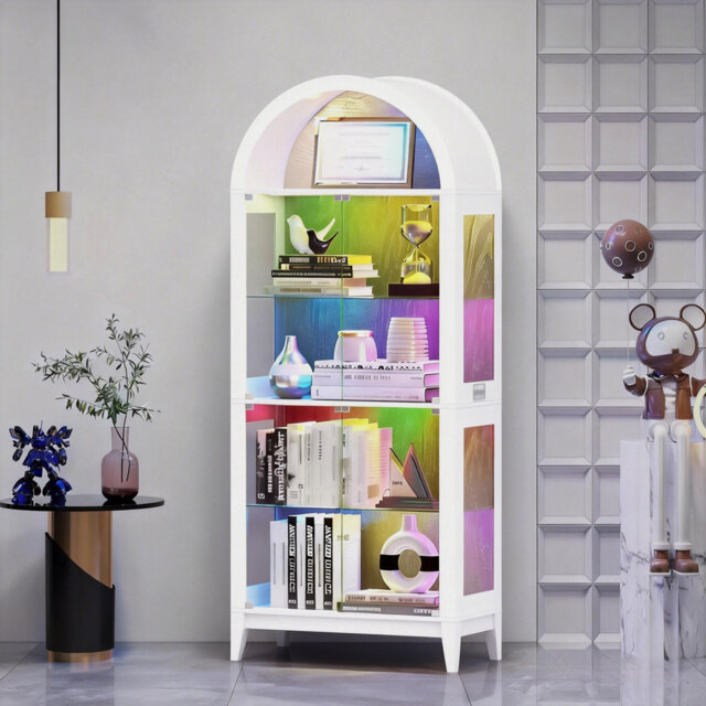 5 - Shelf Arch Bookcase With Tempered Glass, Display Cabinet With Rgb ...