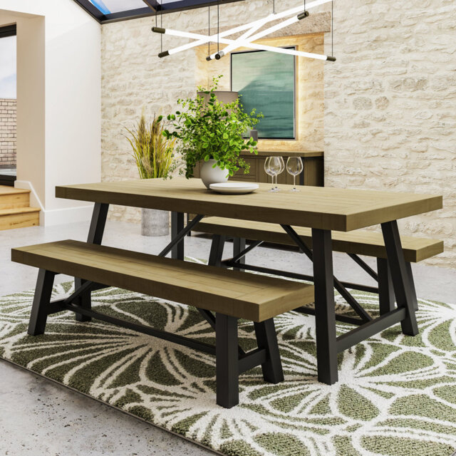 San Diego Dining Table & Bench Set. Steel Trestle Frame. Solid Pine Top ...
