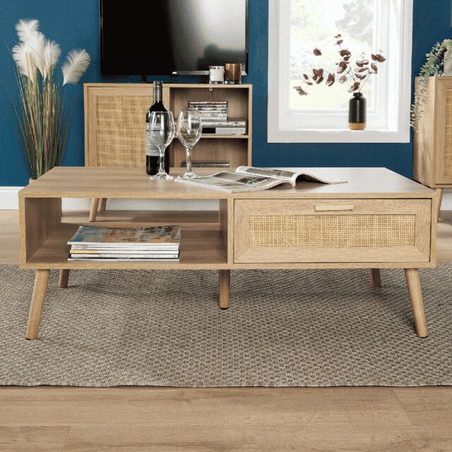 Anelise Four Leg 1 Rattan Front Drawer Coffee Table with Open Storage ...