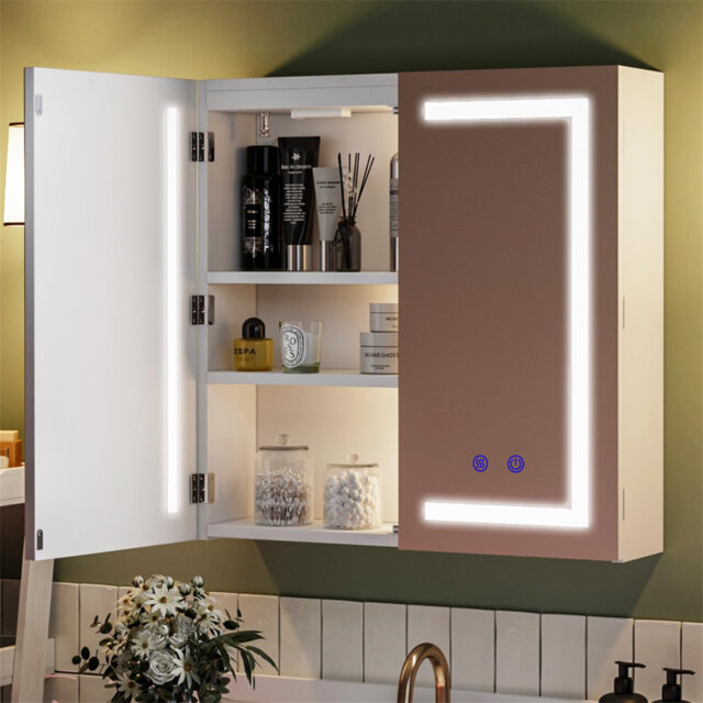Bathroom Wall-mounted Mirror Cabinet With Led Lights And Shaver Socket ...