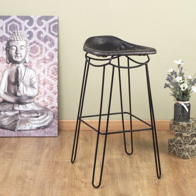 Splendora 76cm Bar Stool - Hand Stitched Leather Seat - Steel Metal ...