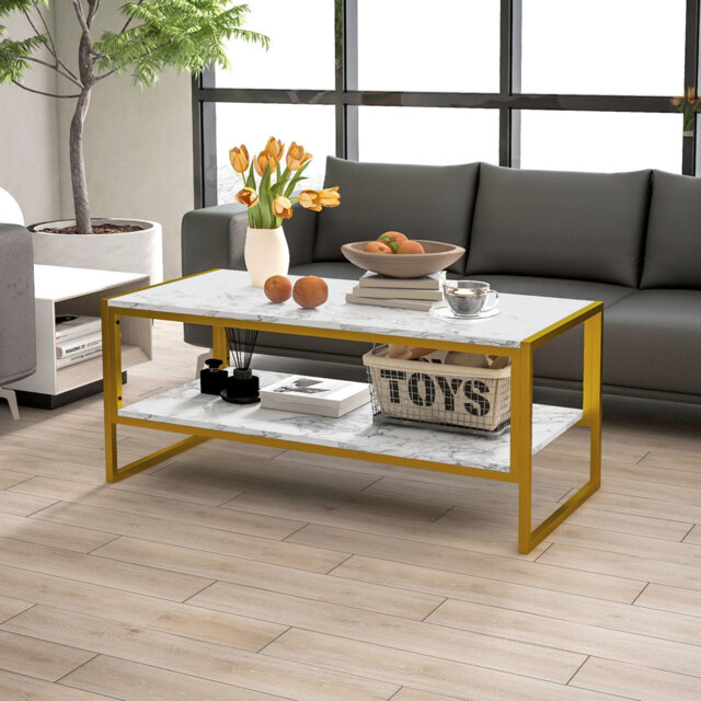 Modern Mini Table Double Double Coffee Table, Modern Marble Effect Center Table With Storage ...