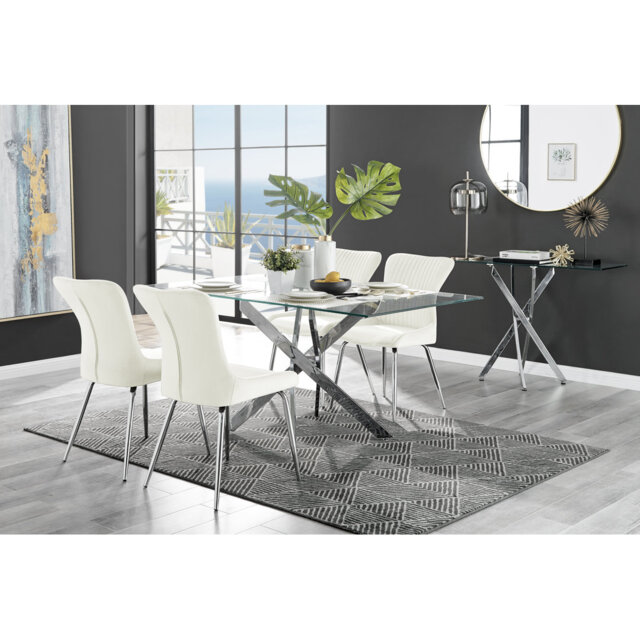 Lenworth Chrome and Glass Rectangular Dining Table Set with 4 Quilted ...