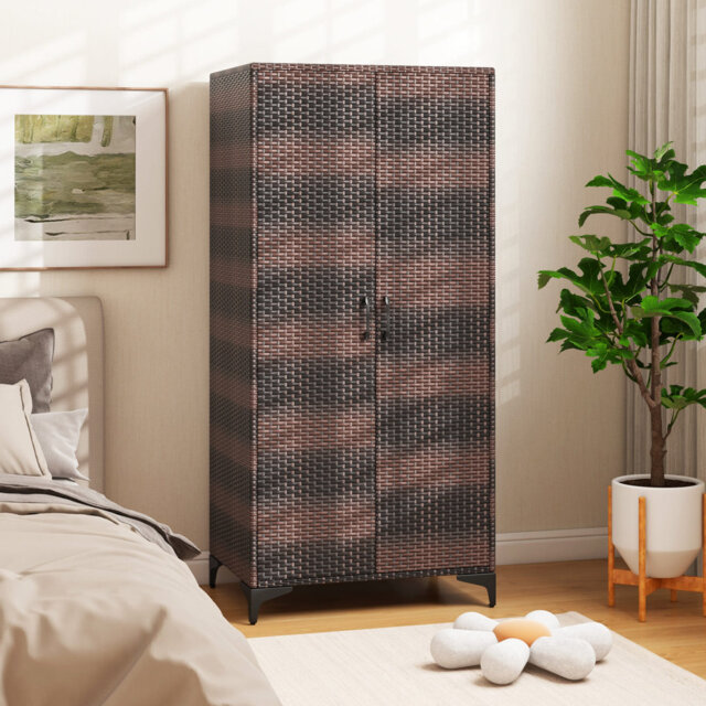 Wicker Wardrobe PE Rattan Wardrobe Armoire Closet W/ Hanging Rod-Coffee ...