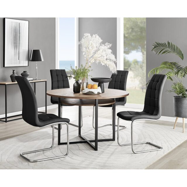 Adler Modern Wooden Round Dining Table Set with Shelf & 4 Modern Faux ...