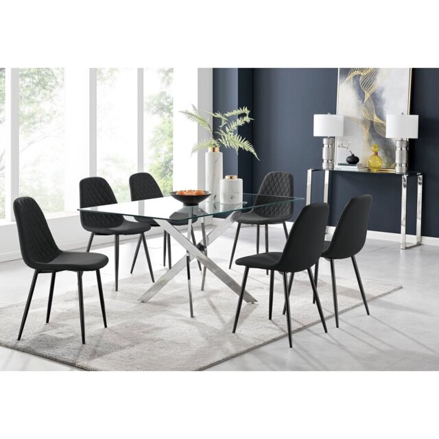 Lenworth Glass Rectangular Dining Table Set with 6 Luxury Faux Leather ...