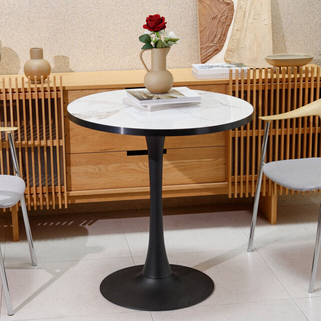 Round Marble Dining Table Mid-century Table With Metal Pedestal Base ...