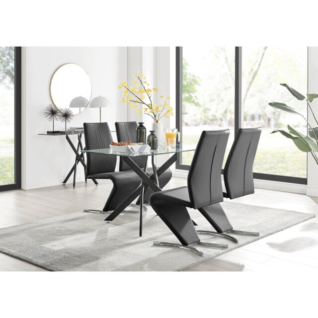 Lenworth Modern Black Metal and Glass Dining Table Set - x4 Luxury Faux ...
