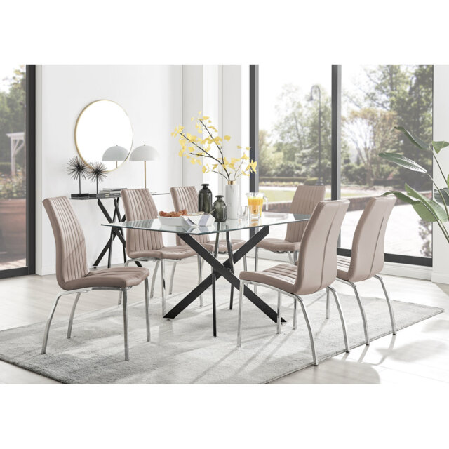 Lenworth Black Metal and Glass Rectangular Dining Table Set with 6 Soft ...