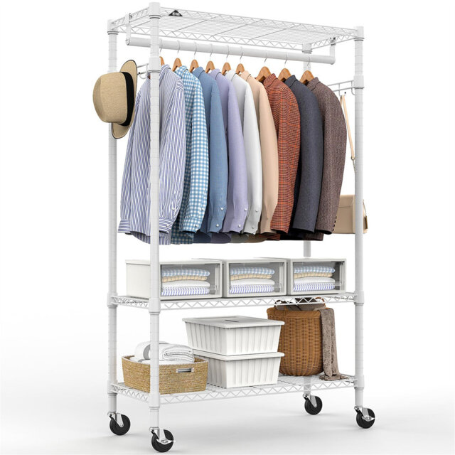 Durnish Rack Heavy Duty Rolling Garment Rack 3 Tiers Adjustable Wire Shelving ...