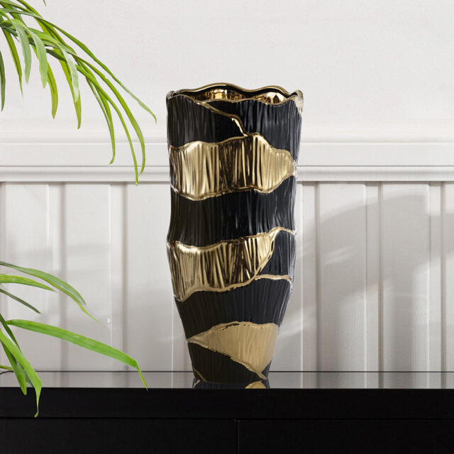 Image showcasing Handmade Ceramic Vase For Living Room Decor, Black & Gold Texture Vase ...