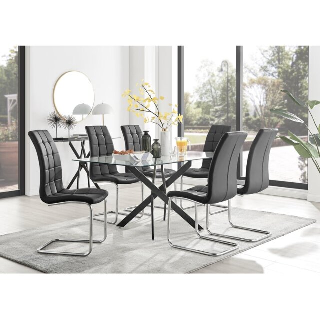 Lenworth Black Metal and Glass Rectangular Dining Table Set with 6 ...