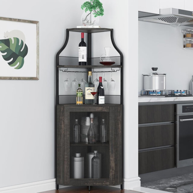 Corner Bar Cabinet,4-Tier Industrial Wine Cabinet with Power Outlet ...