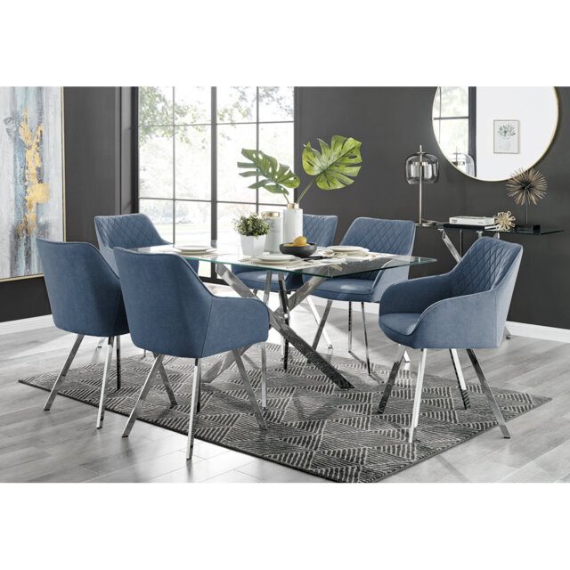 Lenworth Chrome and Glass Rectangular Dining Table Set with 6 Luxury ...