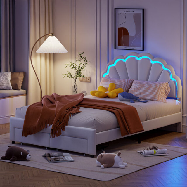Shell-Shaped Headboard Bed Frame With Storage Drawers And LED by ...