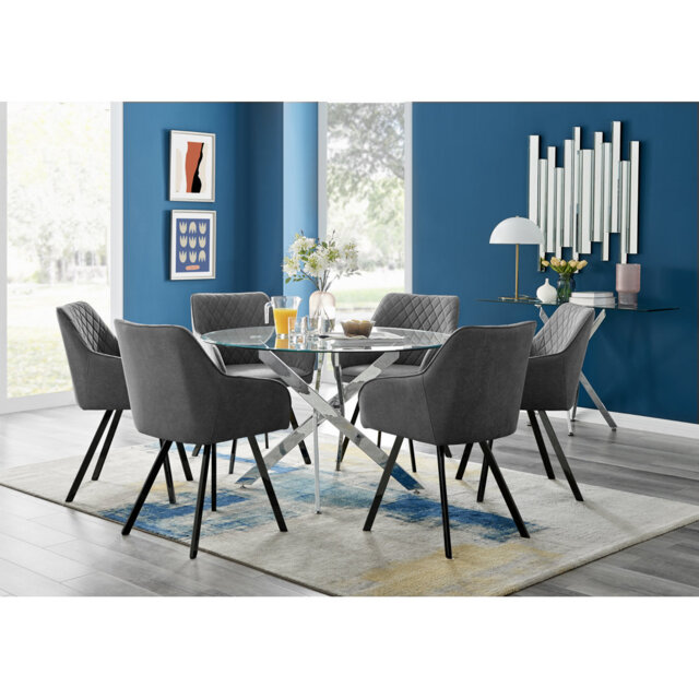 Lenworth Chrome and Glass Rectangular Dining Table Set with 6 Luxury ...