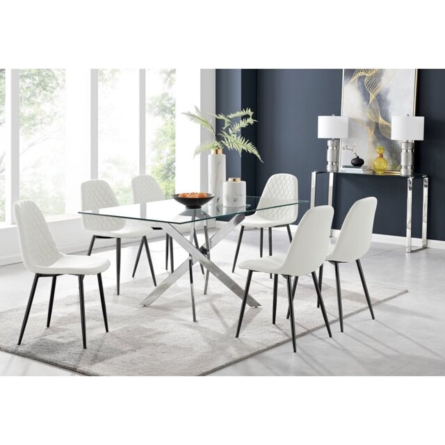 Lenworth Glass Rectangular Dining Table Set with 6 Luxury Faux Leather ...