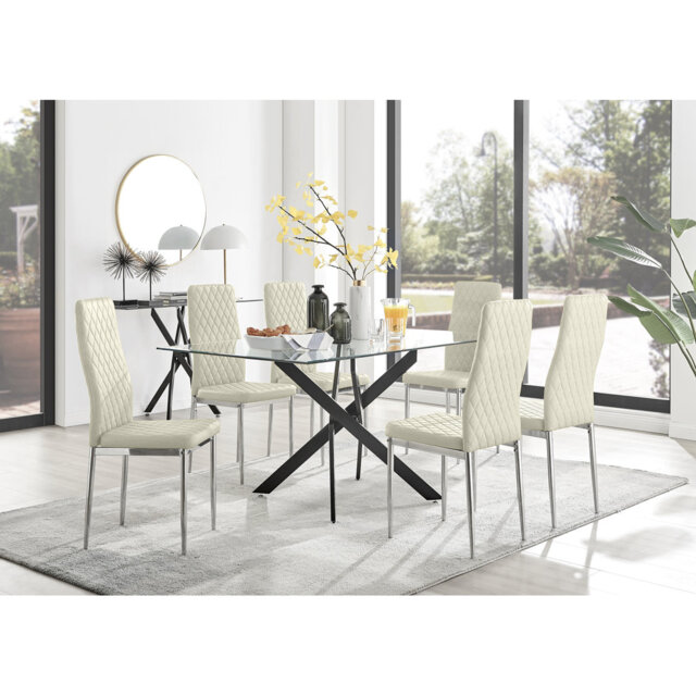 Lenworth Glass Rectangular Dining Table Set with 6 Quilted Velvet ...