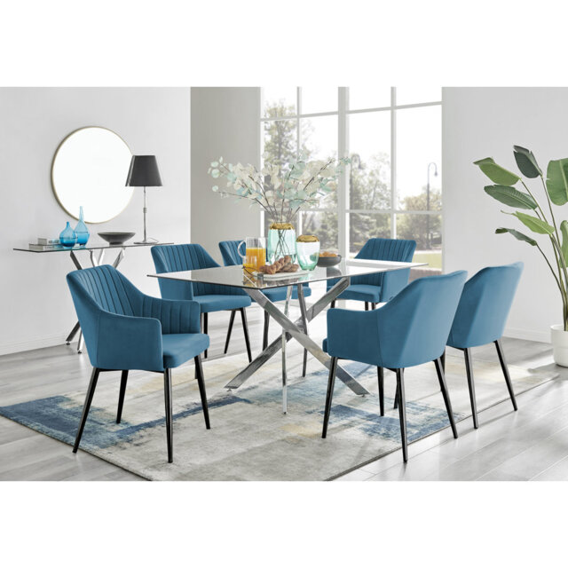 Lenworth Chrome and Glass Rectangular Dining Table Set with 6 Luxury ...
