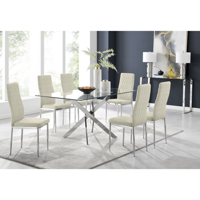 Lenworth Glass Rectangular Dining Table Set with 6 Quilted Velvet ...