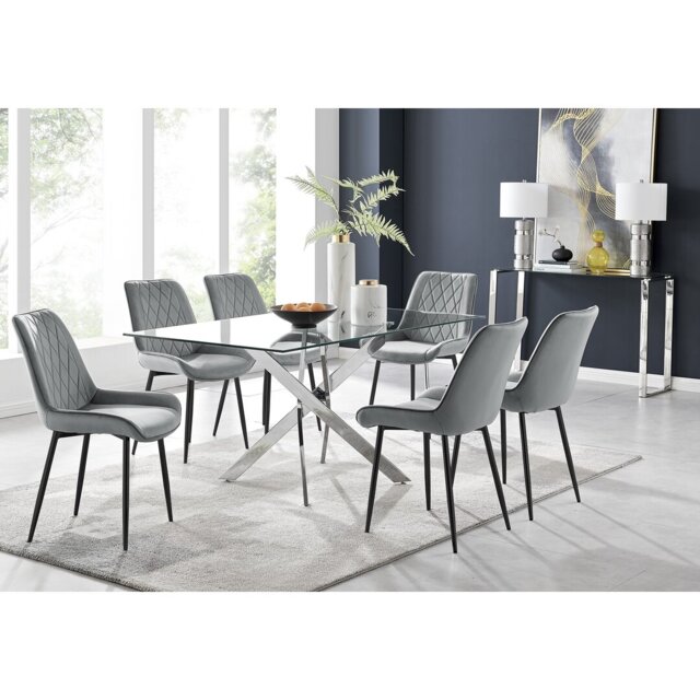 Lenworth Chrome and Glass Rectangular Dining Table Set with 6 Luxury ...