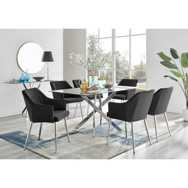 Lenworth Chrome and Glass Rectangular Dining Table Set with 6 Luxury ...