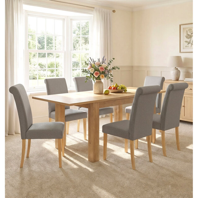 Newquay Oak Flip Top Extending Table With 6 Oak Chair With Steel Grey ...