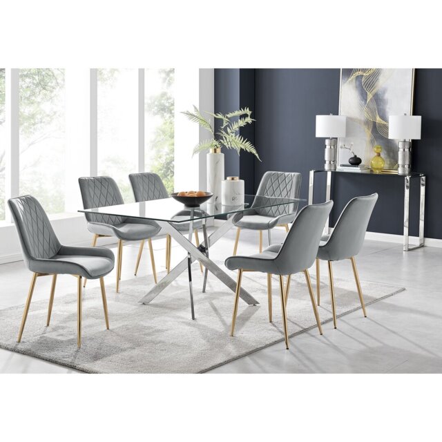 Lenworth Chrome and Glass Rectangular Dining Table Set with 6 Luxury ...