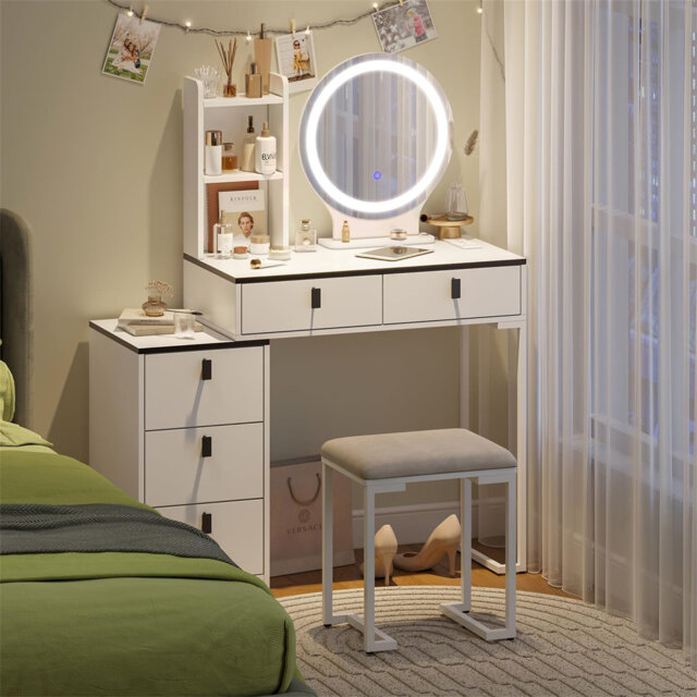 Dressing Table With Mirror And Stool, Vanity Table Set With 3 Color ...