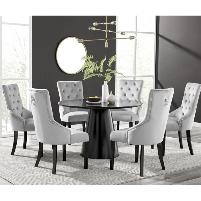 Edward Statement Pedestal Dining Table Set with 6 Luxury Velvet ...