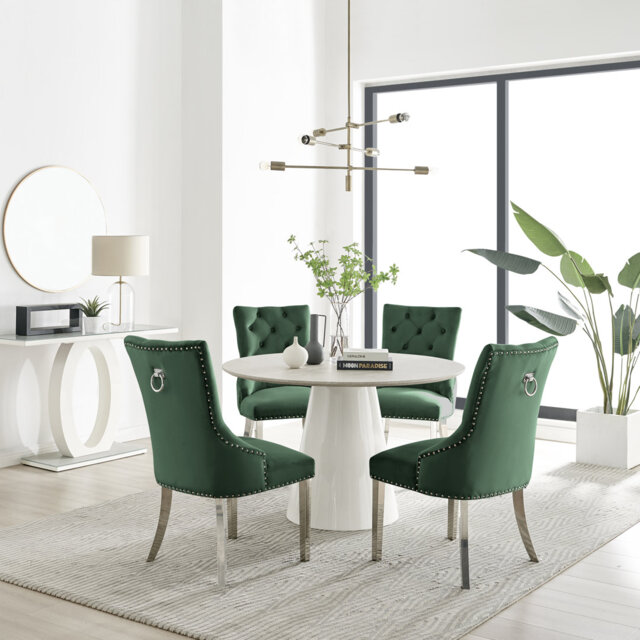 Edward Statement Pedestal Dining Table Set with 4 Luxury Velvet ...
