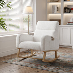 Linen Fabric Rocking Chair, Modern Glider Chair With Wood Legs And Side ...