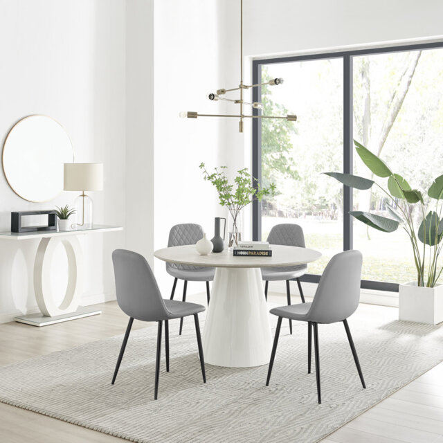 Edzard Statement Round Dining Table Set in Luxury Beige Stone Effect ...