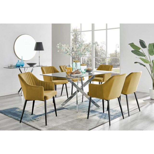 Lenworth Chrome and Glass Rectangular Dining Table Set with 6 Luxury ...