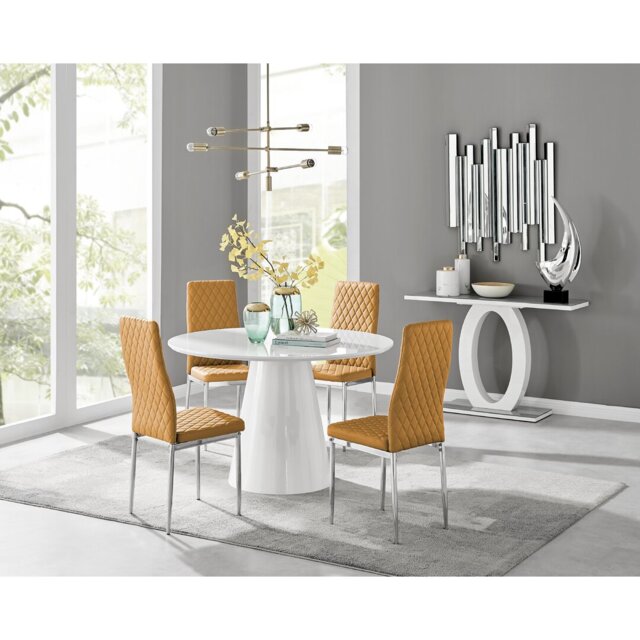 Edzard Statement Pedestal Round Dining Table Set & 4 Luxury Faux ...