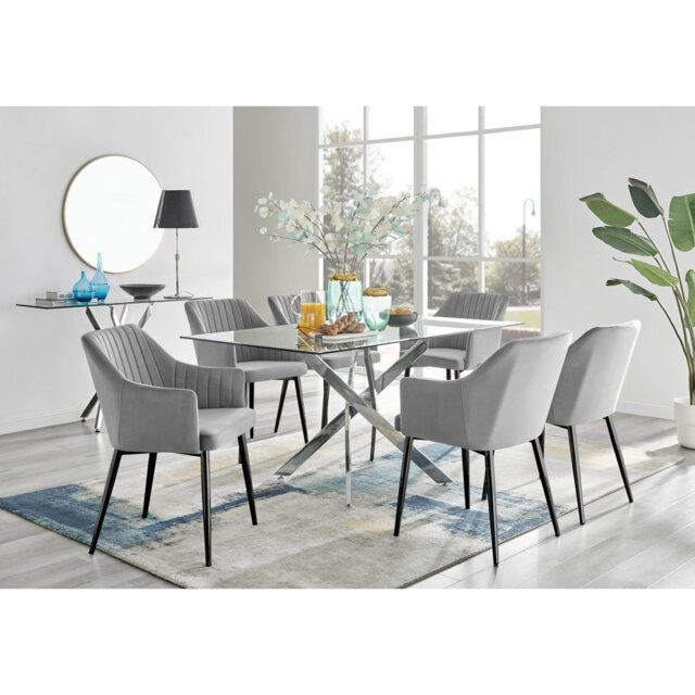 Lenworth Chrome and Glass Rectangular Dining Table Set with 6 Luxury ...