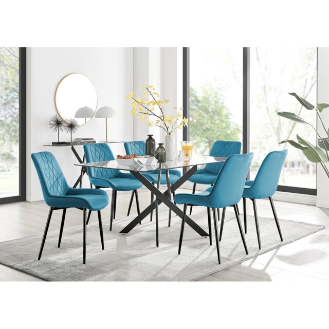 Lenworth Glass Rectangular Dining Table Set with 6 Luxury Velvet Chairs ...