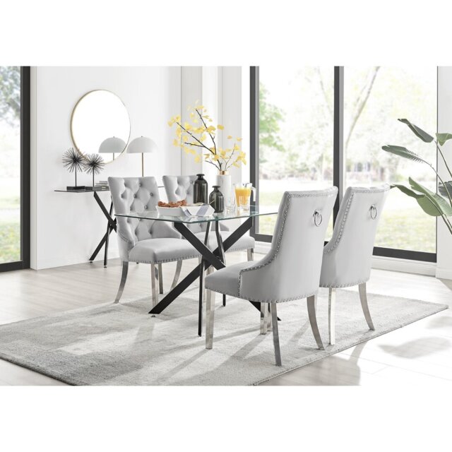 Lenworth Glass & Metal Dining Table Set with 4 Luxury Velvet Dining ...