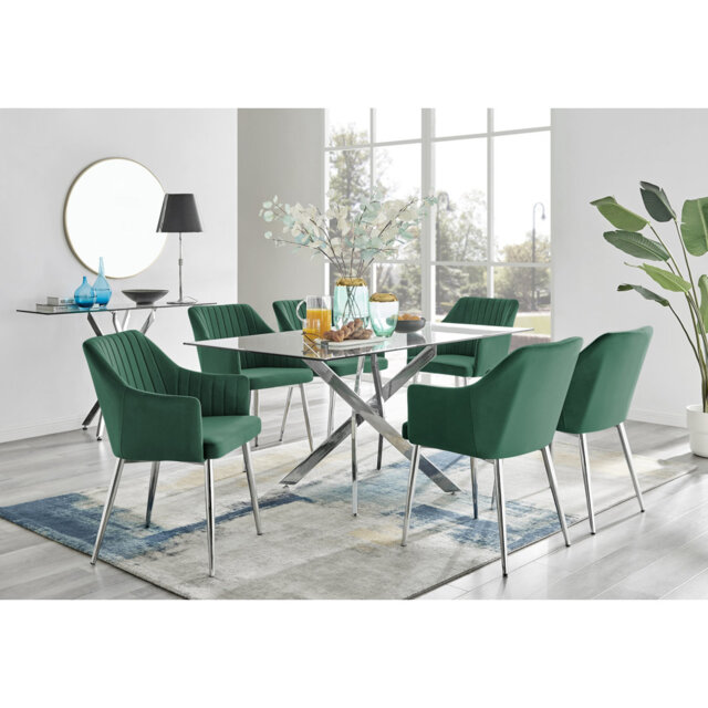 Lenworth Chrome and Glass Rectangular Dining Table Set with 6 Luxury ...