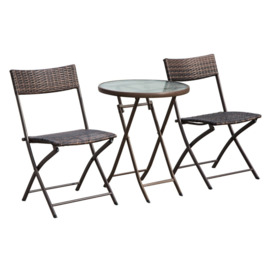 3PC Rattan Bistro Set 2 Folding Rattan Chair Glass Topped Coffee Table Garden Patio Balcony Outdoor Wicker Furniture - Brown