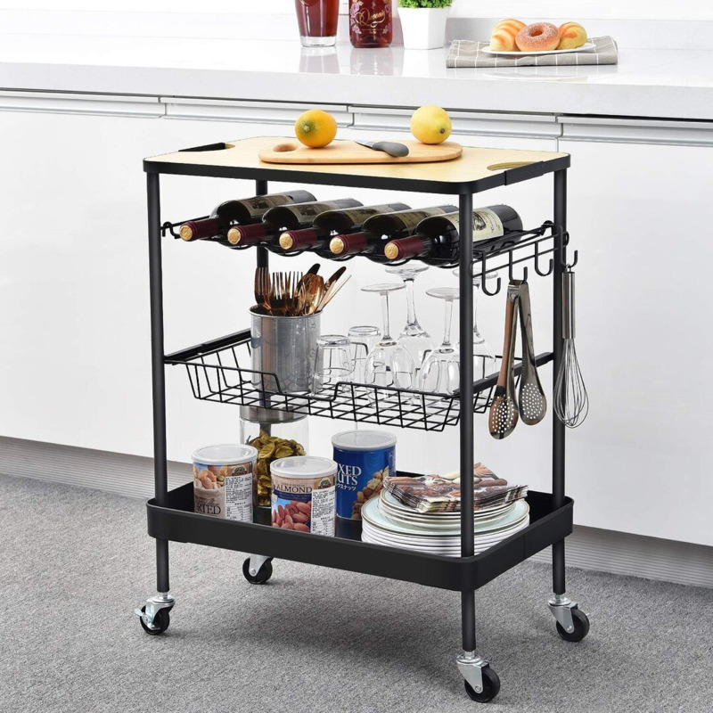 Cinambei Kitchen Island Storage Trolley with Wine Rack, Serving