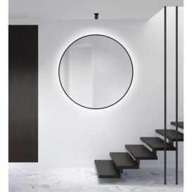 Round Lighted Metal Wall Mounted Accent Mirror in Matt Black