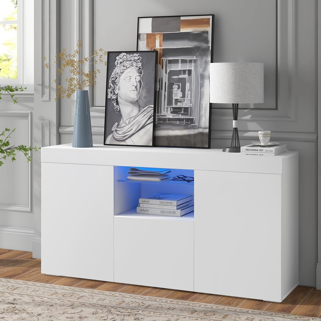 Storage Buffet Cabinet, Kitchen Sideboard Cupboard White High Gloss With LED Light, Entryway Living Room Side Storage Cabinet Buffet With Shelves And