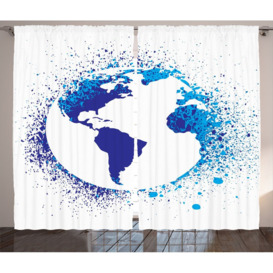 Globe with Ink Splatter Illustration Color Splashes All over World Map Continents 2 Piece Room Darkening Curtain Set