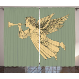 Pranet Flying Christmas Angel with Wings Playing Trumpet Mythological Art 2 Piece Room Darkening Curtain Set