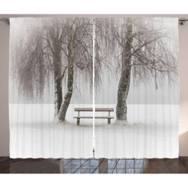 Bench in the Snow Between Trees Winter Theme Picture Snowflakes Christmas Season Art 2 Piece Room Darkening Curtain Set