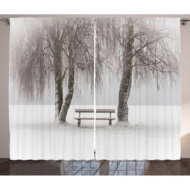 Ginny Bench in the Snow Between Trees Winter Theme Picture Snowflakes Christmas Season Art 2 Piece Room Darkening Curtain Set