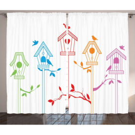 Bird Houses Nest with Flying Birds on the Roof Branches Life 2 Piece Room Darkening Curtain Set