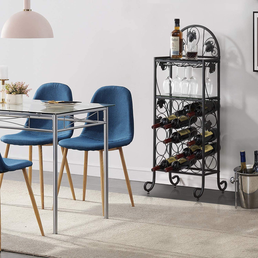 Metal Wine Rack Table With Glass Table Top, Freestanding Floor Bottles