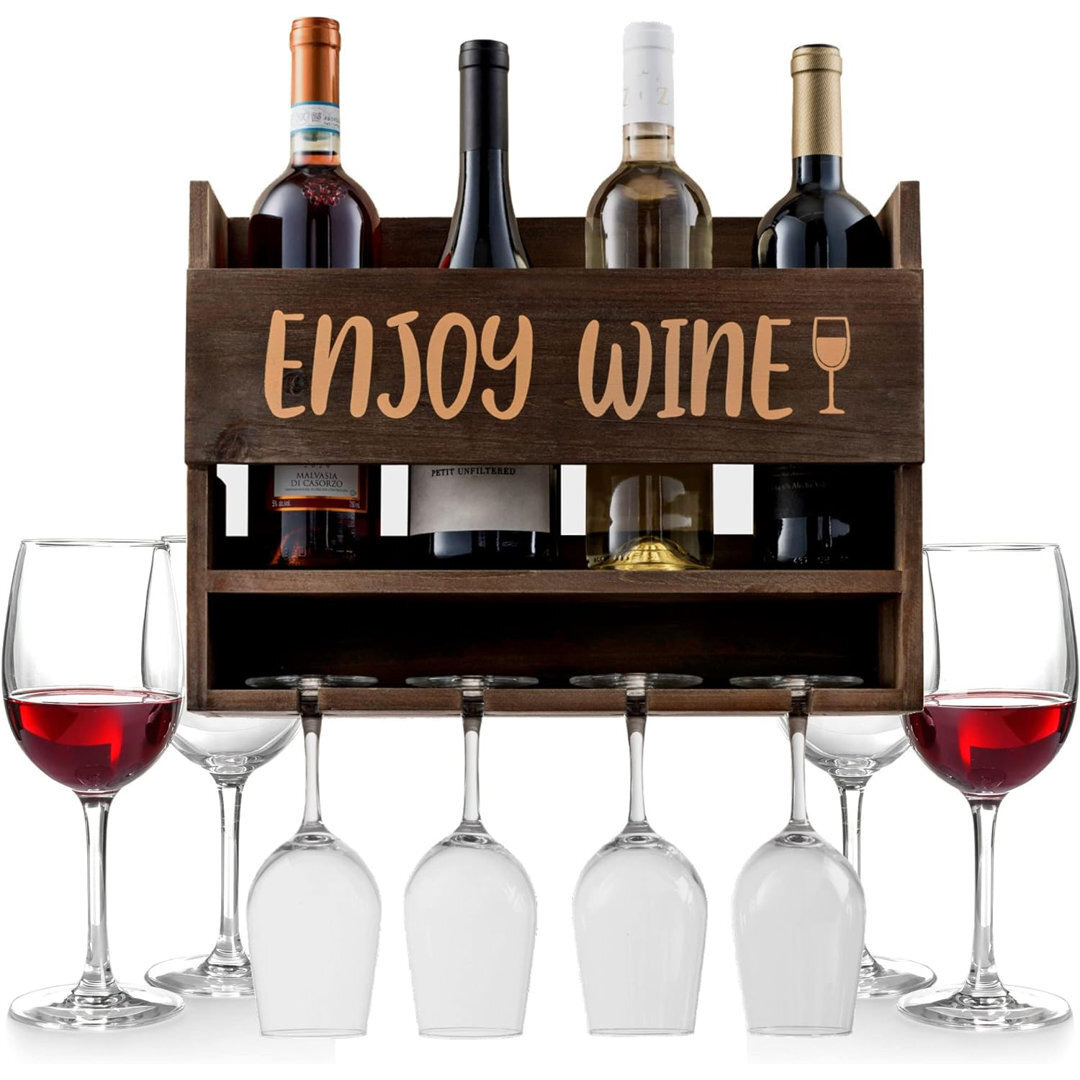 Searce Solid Wood Wall Mounted Wine Bottle & Glass Rack in Rustic Wood